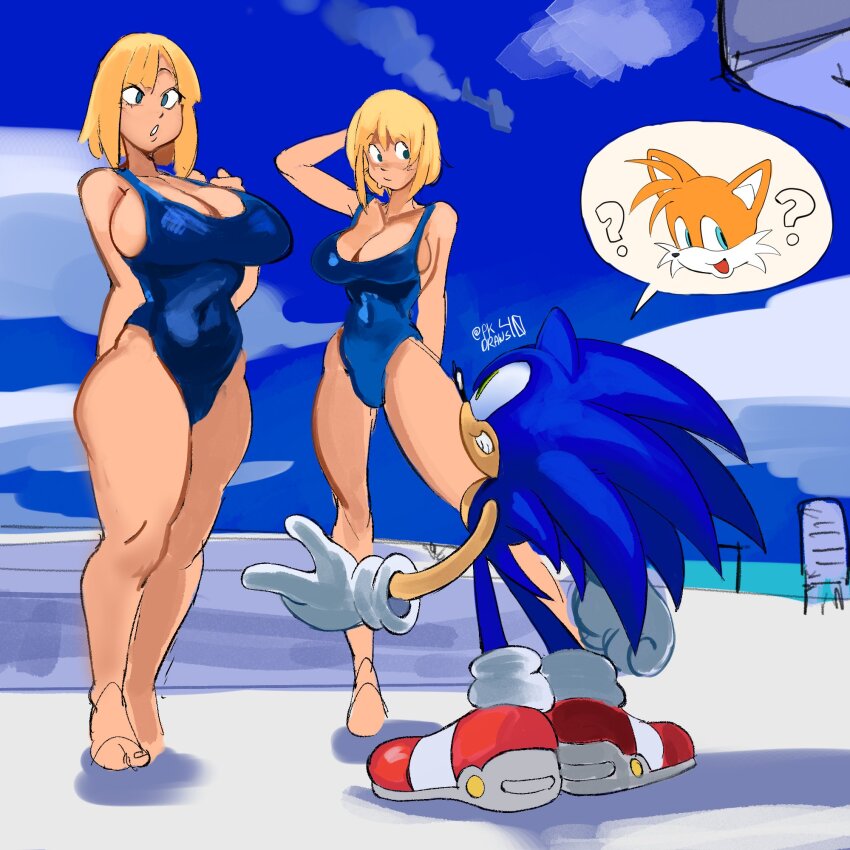 1boy 2girls aircraft airplane animal_nose arm_behind_head arm_up bare_shoulders biplane blonde_hair blue_eyes blue_fur blue_one-piece_swimsuit blue_sky body_fur breasts cameo cleavage cloud covered_navel crash furry furry_male gloves green_eyes grin hand_on_own_chest hand_up hedgehog_boy highres large_breasts looking_up multiple_girls one-piece_swimsuit pk_draws_40 pool poolside red_shoes shoes short_hair short_tail sky smile smoke smoke_trail sonic_(series) sonic_adventure sonic_the_hedgehog speech_bubble spoken_character swimsuit tail tails_(sonic) tornado_(airplane)_(sonic) white_gloves