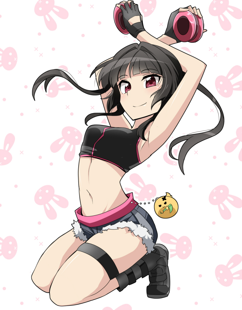 1girl armpits black_footwear black_gloves black_hair black_shirt breasts closed_mouth crop_top denim denim_shorts eyebrows_hidden_by_hair full_body gloves highres holding kneeling looking_at_viewer medium_breasts medium_hair nabeiro_kin navel partially_fingerless_gloves purple_eyes rabbit_background senki_zesshou_symphogear shirt short_shorts shorts skindentation smile solo stomach thigh_strap tsukuyomi_shirabe yo-yo