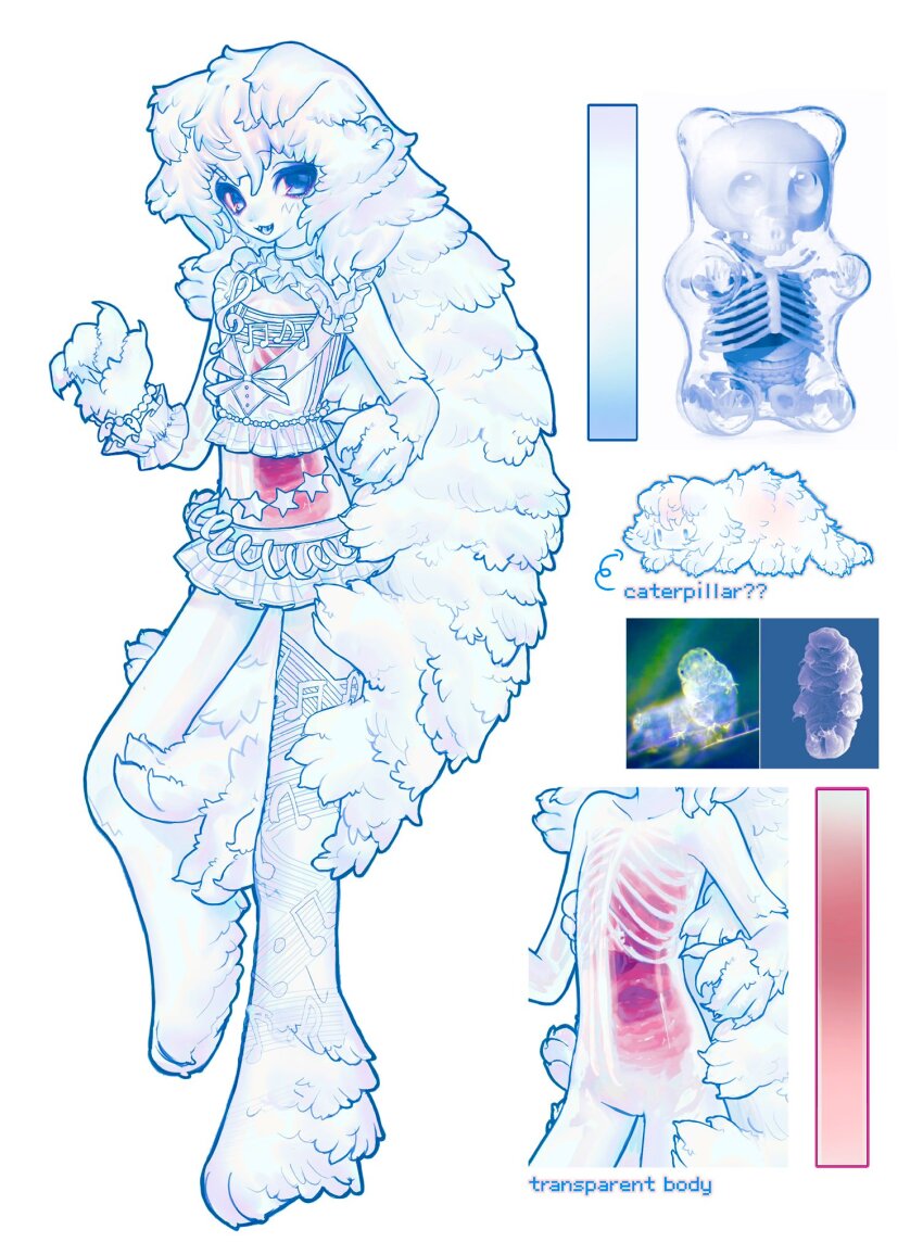 1girl animal_feet animal_hands blue_eyes blue_hair body_fur candy claws color_guide commentary creature english_commentary fangs food full_body gummy_bear highres long_hair monster_girl multiple_views organs original reference_sheet ribs see-through_body senmaze simple_background skirt tardigrade very_long_hair white_background white_fur