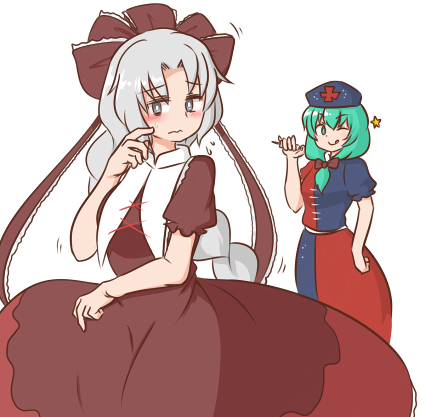 2girls ;q blue_dress blue_headwear blush bow braid brown_bow brown_dress brown_ribbon closed_mouth constellation_print cosplay costume_switch cross dress frilled_ribbon frills front_ponytail green_eyes green_hair grey_eyes hair_bow hat holding holding_syringe kagiyama_hina kagiyama_hina_(cosplay) long_hair looking_at_another looking_at_viewer mizusoba multicolored_dress multiple_girls nurse_cap one_eye_closed red_cross red_dress ribbon short_sleeves simple_background single_braid smile standing star_(symbol) sweatdrop syringe tongue tongue_out touhou trigram white_background yagokoro_eirin yagokoro_eirin_(cosplay)