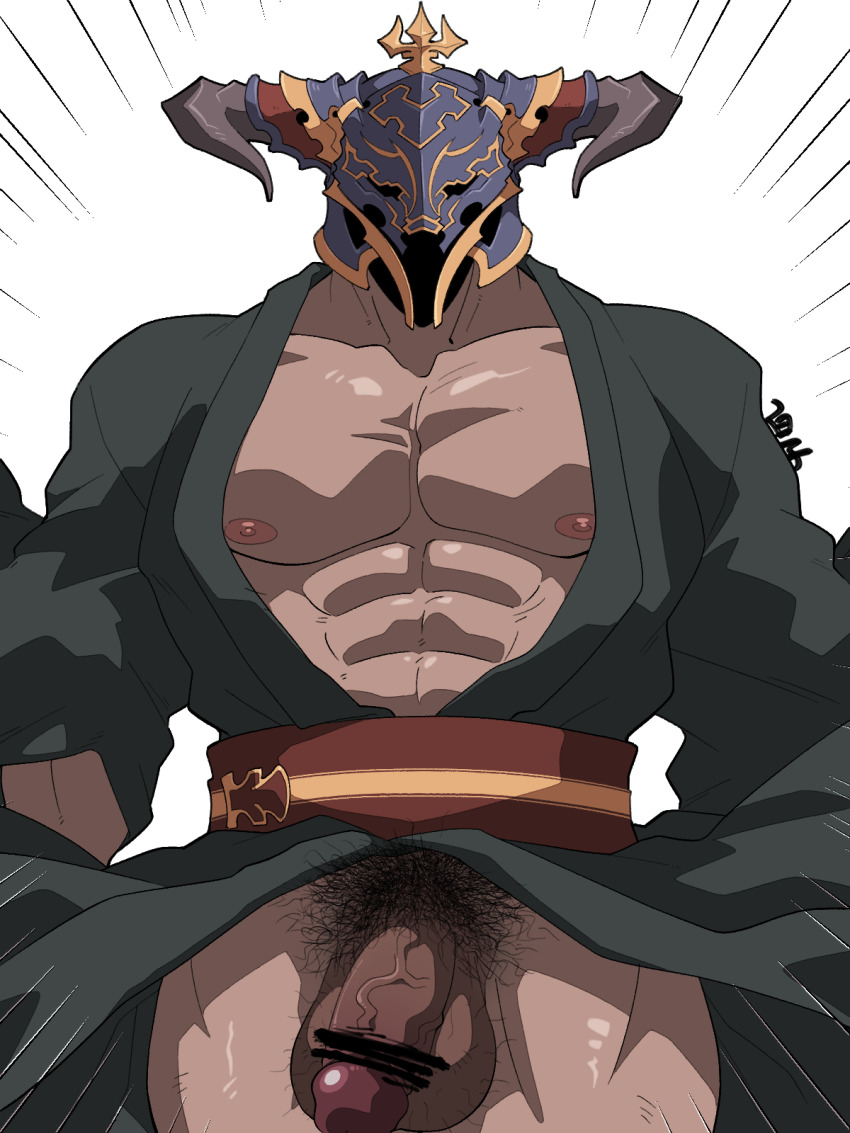 1boy abs bar_censor bara bare_pectorals censored cowboy_shot draph flaccid fundoshi girthy_penis granblue_fantasy helmet highres horns japanese_clothes large_pectorals large_penis male_focus male_pubic_hair muscular nipples pectorals penis pubic_hair shirako_(artist) shirako_(kirupi) short_hair simple_background solo testicles thick_thighs thighs upper_body vaseraga
