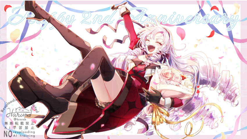 1girl :d ^_^ anniversary arm_up artist_name bare_shoulders black_gloves black_hairband black_ribbon black_shoes black_thighhighs blush border bouquet chest_tattoo choker closed_eyes collarbone commentary_request confetti dress drill_hair drill_sidelocks eyelashes falling_petals floating_hair flower gloves hair_between_eyes hair_ribbon hairband happy happy_anniversary haruna_(hrnrnh) high_heels holding holding_bouquet hyakumantenbara_salome hyakumantenbara_salome_(1st_costume) juliet_sleeves long_hair long_sleeves nijisanji off-shoulder_dress off_shoulder open_mouth outside_border parted_bangs petals pink_flower pink_rose platform_heels puffy_sleeves purple_border purple_choker purple_hair purple_ribbon red_dress red_flower red_rose ribbon rose shoes sidelocks signature sleeve_cuffs smile solo streamers tattoo teeth thighhighs twitter_username upper_teeth_only virtual_youtuber watermark white_background white_flower white_rose