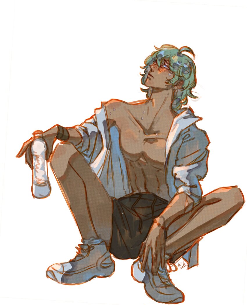 1boy abs bead_bracelet beads bottle bracelet buttons collarbone collared_shirt cove_holden curly_hair drink full_body green_eyes green_hair hand_on_leg hand_on_own_knee head_tilt highres holding holding_bottle holding_drink holding_water jewelry knees_up looking_afar male_focus off_shoulder orange_outline our_life:_beginnings_and_always outline pectorals sadlad03 shirt shirt_on_shoulders shoes short_hair shorts solo squatting stray_hair sweat sweatdrop toned toned_male white_background white_shirt white_shoes