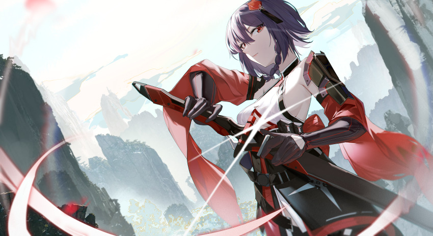 1girl absurdres aether_gazer blue_sky braid breasts character_request closed_mouth commentary english_commentary fighting_stance highres holding holding_sword holding_weapon katachi_noboru_nishikino looking_at_viewer looking_down medium_breasts mountain outdoors purple_hair ready_to_draw red_eyes short_hair sky solo standing sword weapon