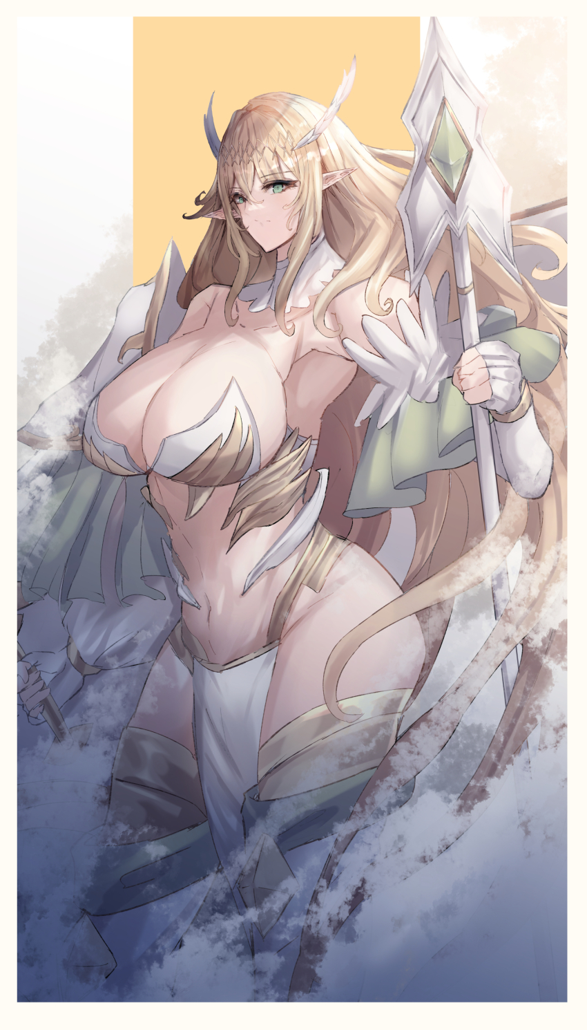 1girl absurdres baketsu bare_shoulders blonde_hair commentary_request detached_collar elf fingerless_gloves from_side gloves green_eyes highres holding holding_polearm holding_weapon looking_at_viewer original pelvic_curtain pointy_ears polearm revealing_clothes solo weapon white_gloves