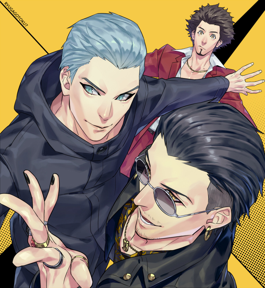 3boys afro black_hair black_jacket black_nails blue_eyes brown_hair cellphone earrings eyebrows facial_hair floral_print grey_eyes hair_slicked_back han_joon-gi highres jacket jewelry kasuga_ichiban male_focus multiple_boys nail_polish phone protecting raised_eyebrow ring ryuu_ga_gotoku_(series) ryuu_ga_gotoku_7 shirt silver_hair talgi thumb_ring yellow_background yellow_shirt zhao_tianyou