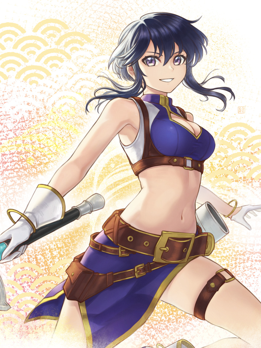 1girl absurdres belt black_hair breasts cleavage commission crop_top fire_emblem fire_emblem:_genealogy_of_the_holy_war grin highres holding holding_sword holding_weapon larcei_(fire_emblem) looking_at_viewer medium_breasts midriff navel nintendo pixiv_commission pouch purple_eyes purple_skirt sidelocks skirt smile solo stomach sword thigh_belt thigh_strap tororo_kafka weapon
