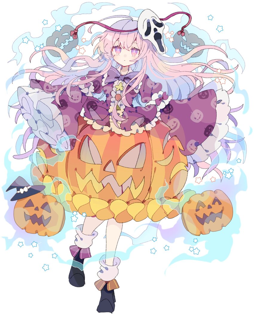 1girl absurdres ahoge black_footwear bow bowtie bubble_skirt center_frills commentary expressionless frills full_body ghostface hat hata_no_kokoro highres huge_ahoge jack-o&#039;-lantern jack-o&#039;-lantern_print long_hair looking_at_viewer mask mask_on_head nikorashi-ka orange_skirt pink_eyes pink_hair purple_bow purple_bowtie purple_shirt red_ribbon ribbon scream_(movie) shirt skirt sleeves_past_wrists socks solo star_(symbol) symbol-only_commentary touhou very_long_hair white_background white_socks wide_sleeves witch_hat