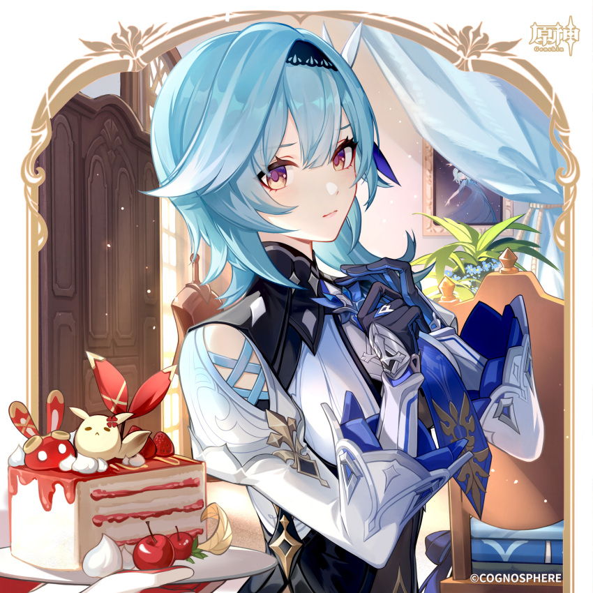 2girls absurdres adjusting_clothes adjusting_necktie amber_(100_outrider)_(genshin_impact) amber_(genshin_impact) baron_bunny_(genshin_impact) black_gloves black_hairband blue_gloves blue_hair blue_necktie breasts closed_mouth dodoco_(genshin_impact) eula_(genshin_impact) genshin_impact gloves hair_between_eyes hair_ornament hairband hands_up highres long_sleeves looking_at_viewer medium_hair multiple_girls necktie official_art short_hair smile solo_focus two-sided_gloves two-tone_gloves upper_body yellow_eyes