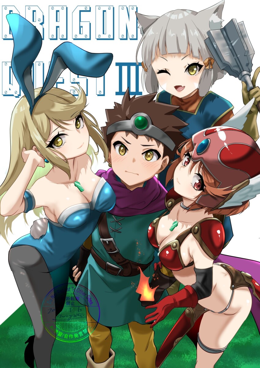 1boy 3girls animal_ears armor ass bikini_armor blonde_hair blue_leotard breasts brown_hair butt_crack chest_jewel cleavage cosplay dragon_quest dragon_quest_iii fake_animal_ears gadabout_(dq3) gadabout_(dq3)_(cosplay) grey_hair helmet highres leotard looking_at_viewer mace multiple_girls mythra_(xenoblade) nayuta-kanata nia_(xenoblade) playboy_bunny priest_(dq3) priest_(dq3)_(cosplay) pyra_(xenoblade) rabbit_ears rabbit_tail red_hair rex_(xenoblade) roto_(dq3) roto_(dq3)_(cosplay) tail tiara warrior_(dq3) warrior_(dq3)_(cosplay) weapon winged_helmet xenoblade_chronicles_(series) xenoblade_chronicles_2