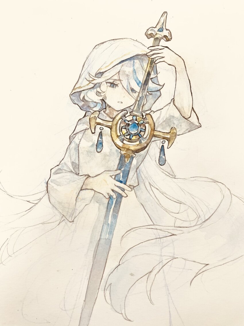 1girl blue_eyes blue_gemstone cosplay crying dress furina_(genshin_impact) gem genshin_impact highres holding holding_sword holding_weapon hood hood_up hooded_dress long_hair multicolored_hair painting_(medium) parted_bangs solo statue_of_the_seven statue_of_the_seven_(cosplay) streaked_hair sword traditional_media very_long_hair watercolor_(medium) weapon white_dress white_hair xuemen