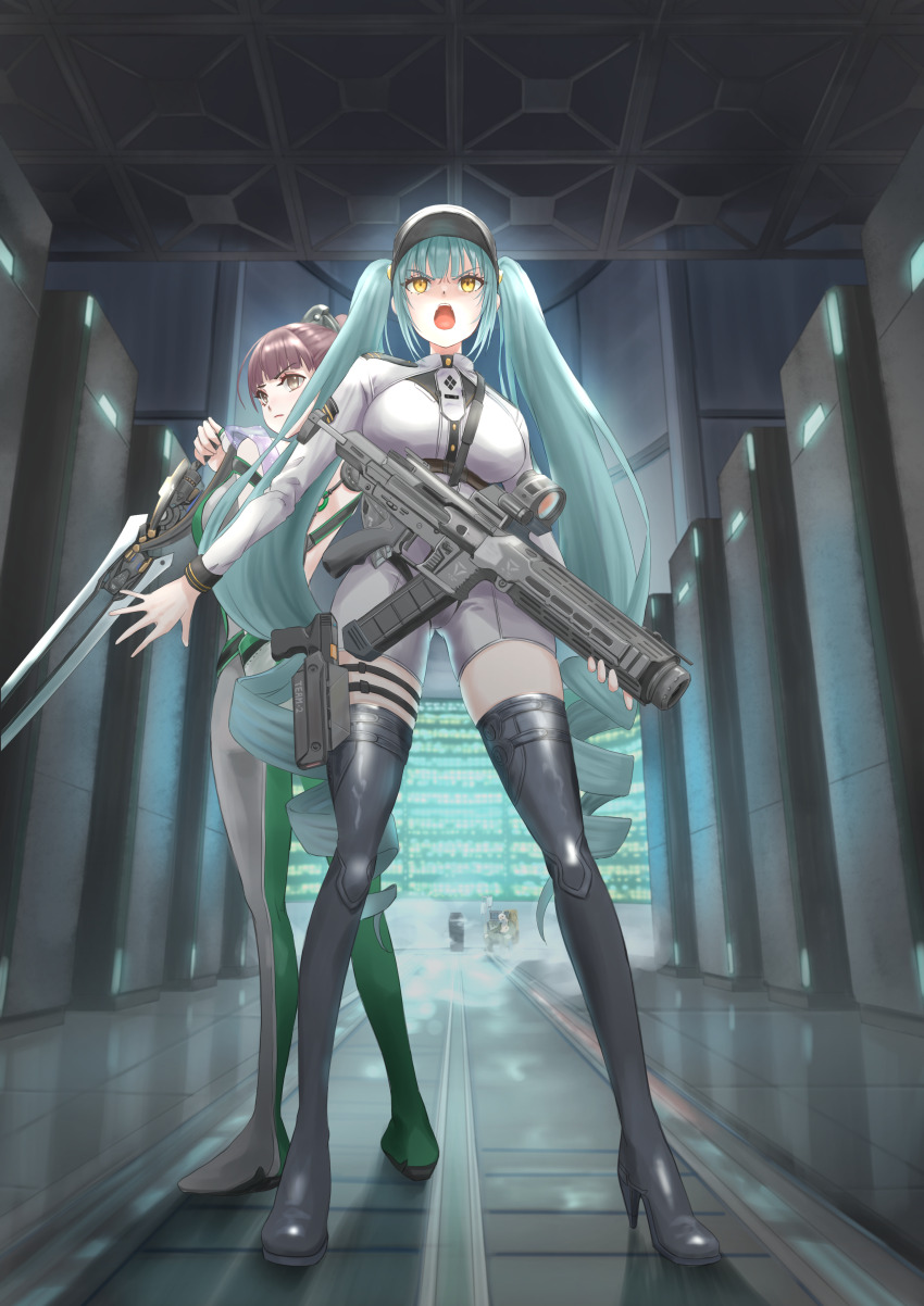 1boy 2girls absurdres aqua_hair assault_rifle black_boots blunt_bangs bodysuit boots breasts brown_eyes brown_hair closed_mouth commentary_request crossover drill_hair eve_(stellar_blade) full_body goddess_of_victory:_nikke green_bodysuit grey_bodysuit gun handgun hat hermin_(nikke) high_heel_boots high_heels highres holding holding_gun holding_sword holding_weapon holster holstered indoors large_breasts long_hair long_sleeves multiple_girls old old_man open_mouth ponytail powered_wheelchair privaty_(nikke) rifle rilyriri server shadow shift_up sidelocks standing stellar_blade sword thigh_boots thigh_holster twin_drills twintails two-tone_bodysuit unitard very_long_hair weapon weapon_strap wheelchair white_hat white_unitard yellow_eyes