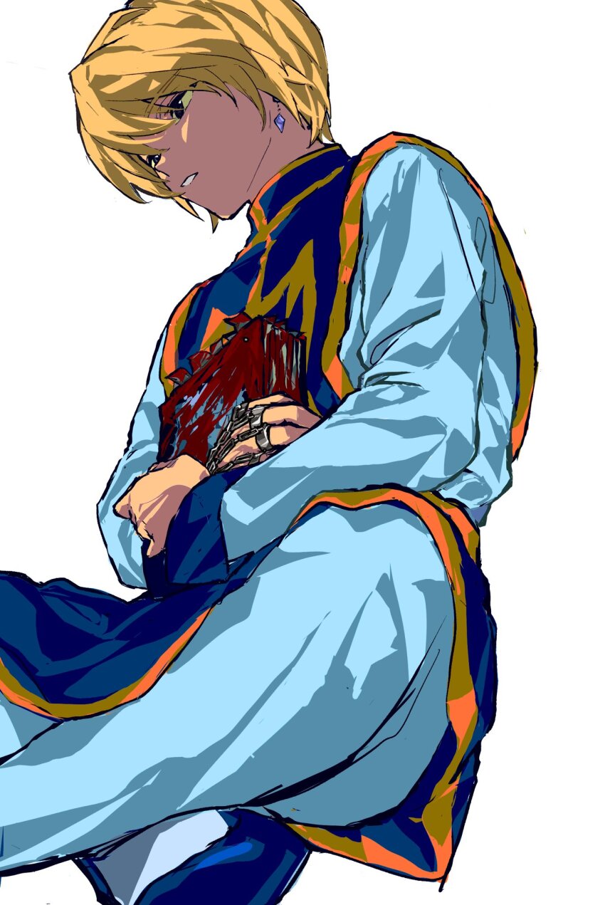1boy blonde_hair blood blue_pants blue_shirt blue_shoes blue_tabard book crossed_arms earrings hand_chains highres holding holding_book hunter_x_hunter indian_style jewelry kurapika long_sleeves looking_ahead male_focus pants parted_lips piercing sgossho shirt shoes short_hair simple_background single_earring sitting tabard teeth white_background