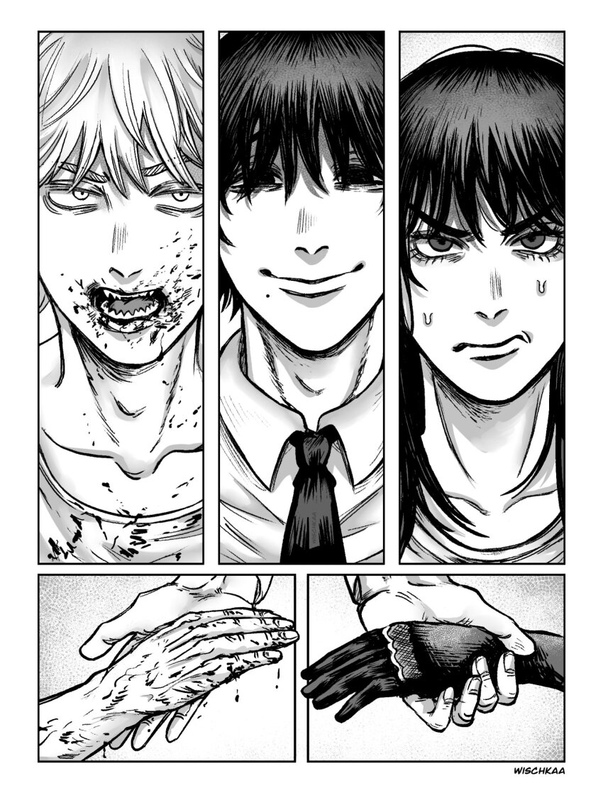 1girl 2boys blood blood_on_face chainsaw_man closed_mouth denji_(chainsaw_man) frown gloves greyscale highres holding_hands medium_hair mitaka_asa monochrome multiple_boys sharp_teeth short_hair smile sweat teeth wischkaa yoshida_hirofumi