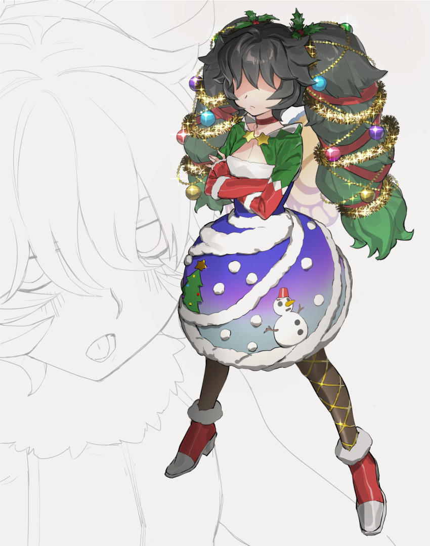 1girl alastor_(megido72) alternate_costume bags_under_eyes black_hair black_pantyhose blush boots breasts bubble_skirt choker christmas christmas_ornaments christmas_tree_print cleavage_cutout closed_mouth clothing_cutout commentary_request covered_eyes crossed_arms dress frown fur-trimmed_boots fur-trimmed_dress fur_trim glint gradient_clothes gradient_dress gradient_hair green_hair green_sleeves grey_background hair_over_eyes hair_ribbon high_heel_boots high_heels highres legs_apart long_bangs long_hair long_sleeves looking_at_viewer megido72 mistletoe_hair_ornament multicolored_hair multicolored_sleeves multiple_views open_mouth pantyhose partially_colored print_dress projected_inset red_choker red_footwear red_ribbon red_sleeves ribbon shrug_(clothing) skirt sleeves_past_wrists small_breasts snow_print snowman_print soosaresu standing strapless strapless_dress tinsel twintails