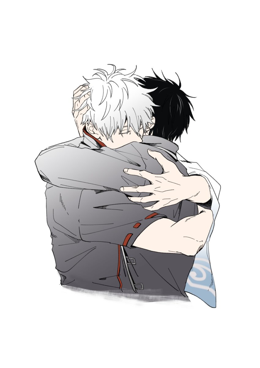 2boys absurdres asymmetrical_clothes black_hair black_jacket closed_eyes collared_jacket commentary_request cropped_torso fingernails ghqjyu gintama hand_on_another&#039;s_head highres hijikata_toushirou hug jacket long_sleeves male_focus multiple_boys mutual_hug sakata_gintoki short_sleeves simple_background white_background white_hair yaoi