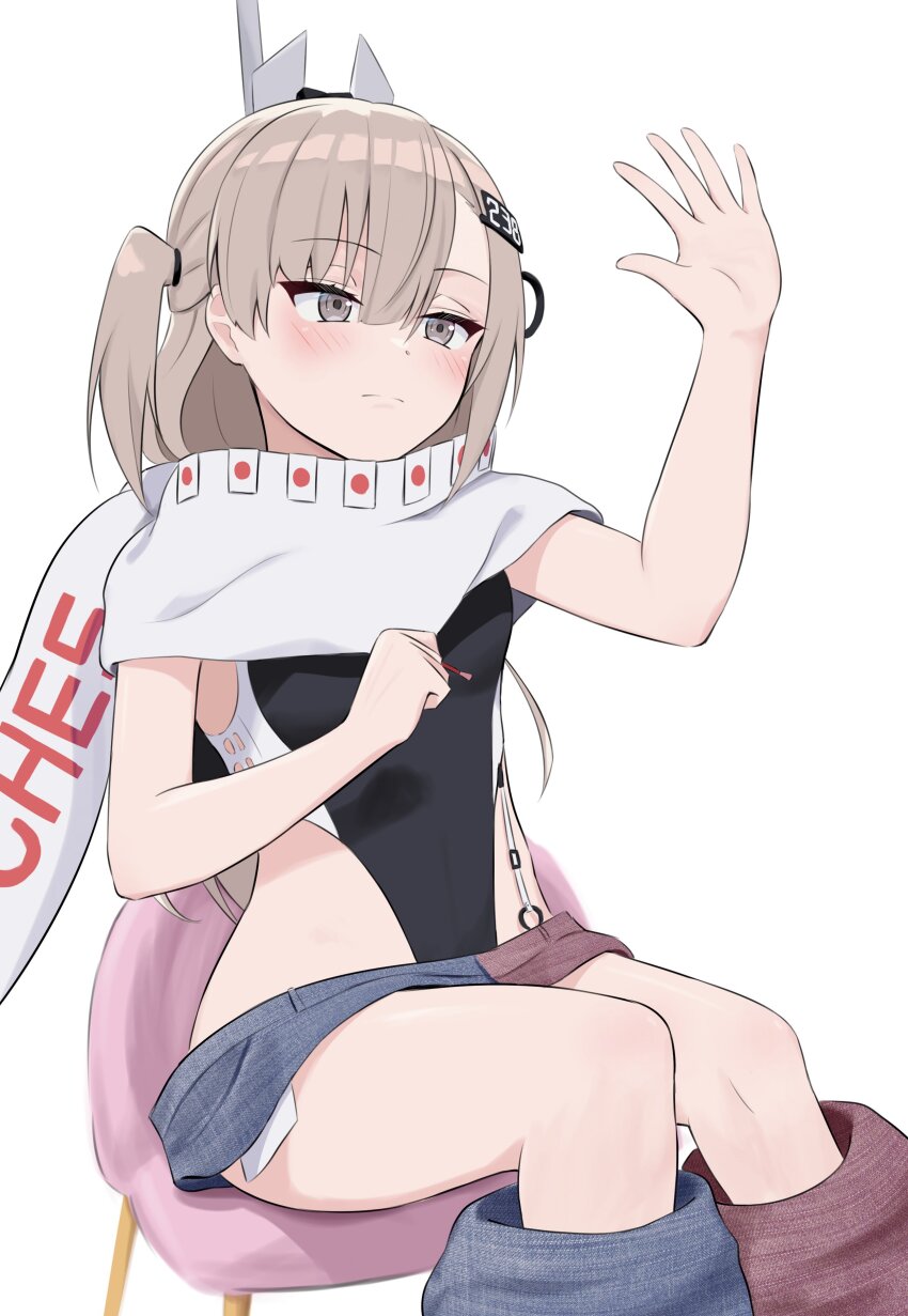 1girl absurdres american_flag american_flag_print american_flag_skirt applying_manicure black_one-piece_swimsuit denim denim_skirt flag_print grey_eyes grey_hair hair_ornament headgear highleg highleg_one-piece_swimsuit highres japanese_flag kantai_collection kill_markings l_meet long_hair nail_polish one-piece_swimsuit painting_nails print_skirt scarf simple_background skirt solo super_highleg swimsuit two-tone_one-piece_swimsuit wahoo_(kancolle) white_scarf