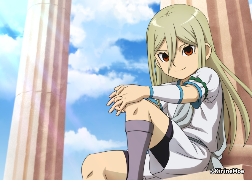 1boy afuro_terumi androgynous arm_warmers blonde_hair blue_sky closed_mouth cloud column grey_socks highres inazuma_eleven inazuma_eleven_(series) kirinemoe kneehighs long_hair looking_at_viewer male_focus pillar red_eyes sky soccer_uniform socks solo sportswear tunic twitter_username white_tunic zeus_(inazuma_eleven)