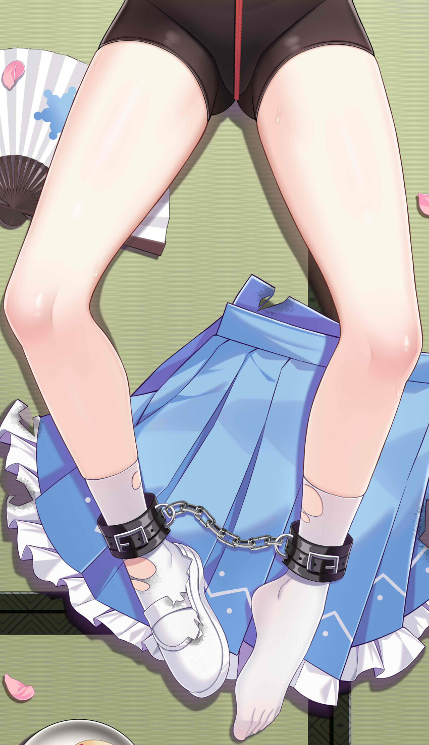 1girl absurdres black_shorts blue_skirt bound_ankles dakimakura_(medium) feet frilled_skirt frills hand_fan highres kazekami_chino legs lower_body lying no_shoes on_back pleated_skirt shoes shorts single_shoe skirt socks solo toes torn_clothes torn_footwear torn_socks unworn_skirt warship_girls_r white_shoes white_socks yukikaze_(warship_girls_r)