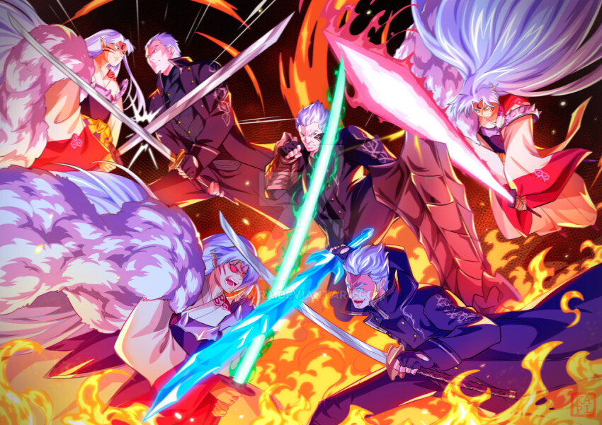 1boy 2boys armor bakusaiga_(sword) battle beowulf_(devil_may_cry) black_gloves blue_coat blue_eyes checkered_clothes checkered_kimono coat crescent crescent_facial_mark demon_boy devil_may_cry_(series) devil_may_cry_5 facial_mark fingerless_gloves forehead_mark fur_shawl gloves gowra hair_slicked_back hexagon holding holding_sword holding_weapon inuyasha japanese_clothes katana kikkoumon kimono long_hair long_sleeves male_focus multiple_boys pointy_ears sesshoumaru shawl short_hair shoulder_spikes spikes sword tenseiga_(sword) tokijin_(sword) vergil_(devil_may_cry) very_long_hair warrior weapon whisker_markings white_hair yamato_(sword) yellow_eyes