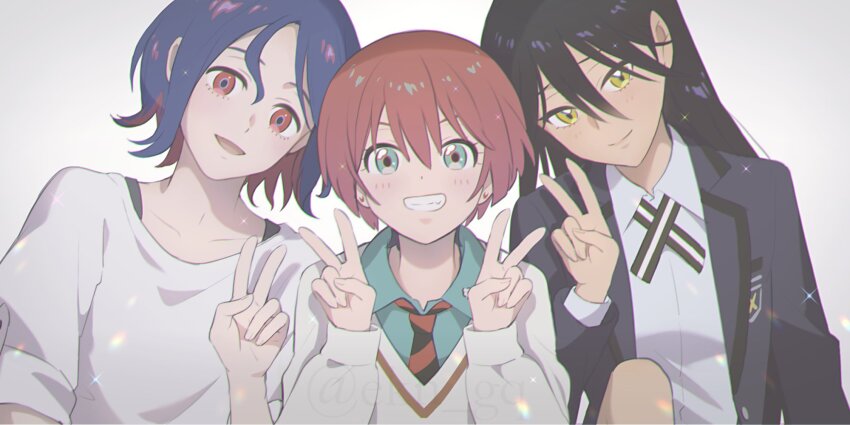 1boy 2girls amate_yuzuriha aqua_eyes black_hair blue_hair blush collared_shirt colored_inner_hair commentary_request ekn_gq grin gundam gundam_gquuuuuux highres jacket long_hair long_sleeves looking_at_viewer multicolored_hair multiple_girls necktie nyaan_(gundam_gquuuuuux) red_eyes red_hair school_uniform shirt short_hair shuji_ito side-by-side simple_background smile sweater two-tone_hair v white_background yellow_eyes