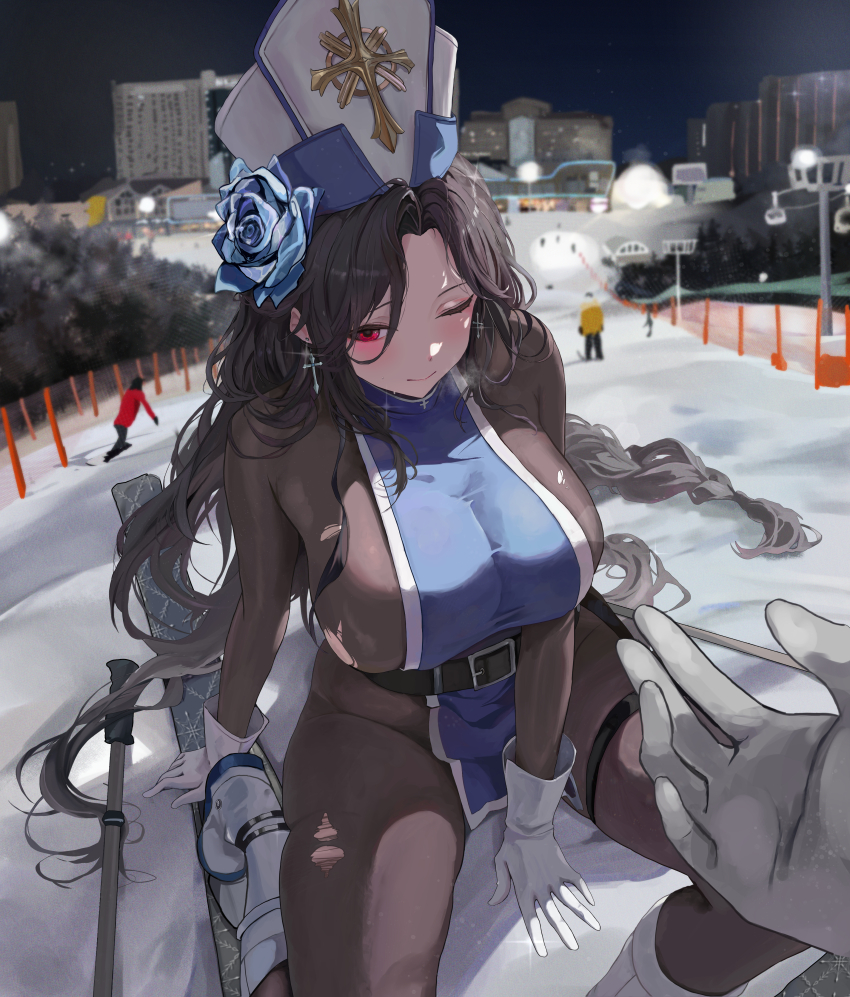 1girl absurdres belt black_hair blue_tabard blush bodystocking bodysuit boots braid braided_ponytail breasts brown_bodysuit buckle closed_mouth cross cross_earrings earrings gloves goddess_of_victory:_nikke hat highres ice_flower jewelry large_breasts long_hair looking_at_viewer maiden_(ice_rose)_(nikke) maiden_(nikke) mitre one_eye_closed parted_bangs red_eyes sitting ski_pole skiing skis snow snowboarding solo_focus tabard torn_bodystocking torn_clothes very_long_hair westgon white_boots white_gloves