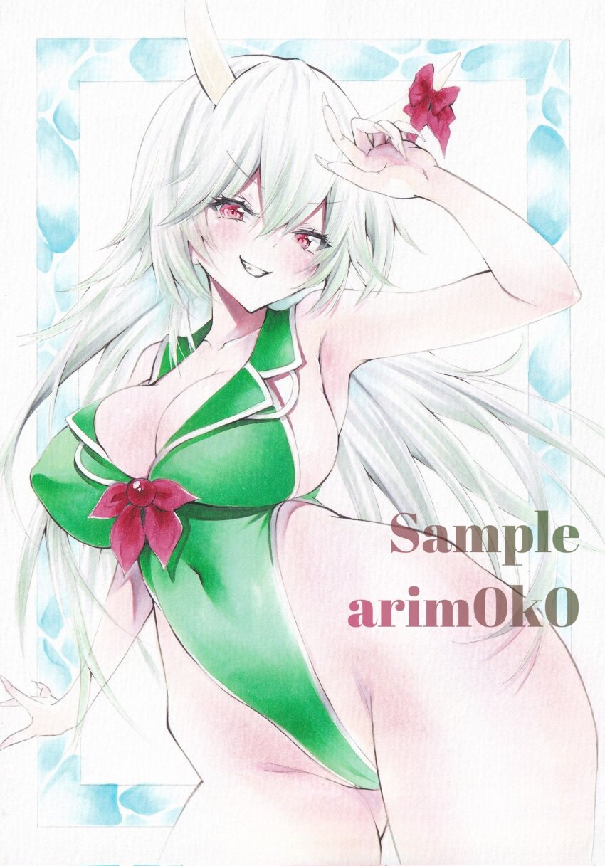 1girl adapted_costume arim0k0 artist_name blush bow breasts cleavage collarbone commentary covered_erect_nipples covered_navel cowboy_shot ex-keine fingernails green_hair green_one-piece_swimsuit groin highres horn_bow horn_ornament horns kamishirasawa_keine large_breasts long_fingernails long_hair looking_at_viewer marker_(medium) one-piece_swimsuit red_bow red_eyes sample_watermark smile solo swimsuit touhou traditional_media v-shaped_eyebrows watermark