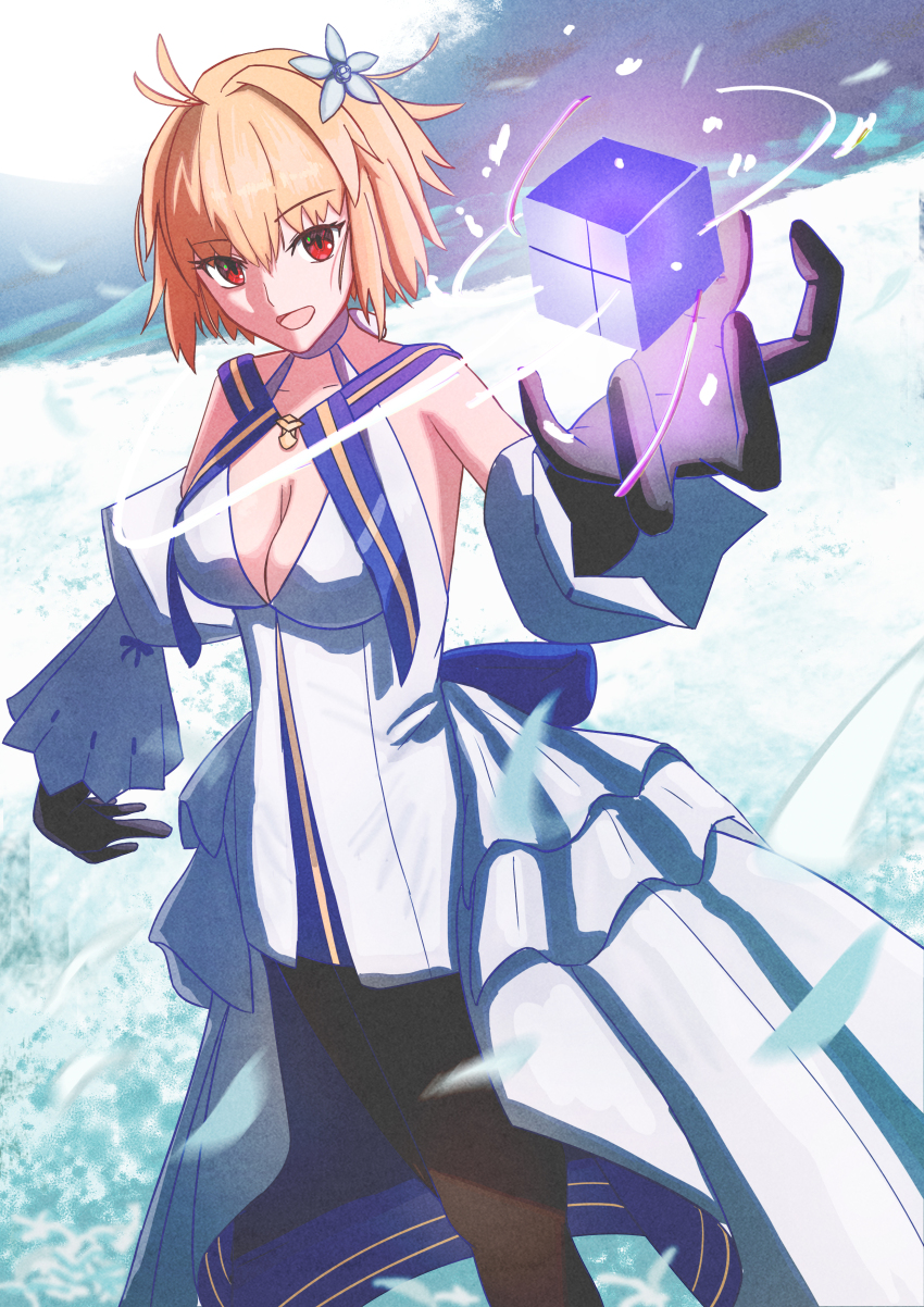 1girl :d absurdres ahoge arcueid_brunestud arcueid_brunestud_(mooncancer) black_gloves blonde_hair blue_ribbon breasts cleavage cube dress fate/grand_order fate_(series) field flower flower_field flower_on_head gloves gold_trim hair_ornament highres insomniacuni large_breasts looking_at_viewer marble_phantasm open_mouth pantyhose petals red_eyes ribbon short_hair smile tsukihime white_dress white_flower