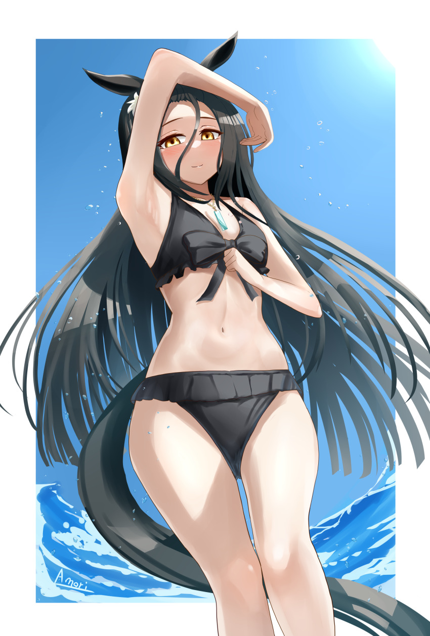 1girl a.nori absurdres ahoge animal_ears arm_up armpits artist_name bikini black_bikini black_bow black_hair blush border bow breasts cleavage commentary_request cowboy cowboy_shot ear_ornament hair_between_eyes highres horse_ears horse_girl horse_tail jewelry lens_flare looking_at_viewer manhattan_cafe_(the_bubbles_that_i_see_with_you)_(umamusume) manhattan_cafe_(umamusume) midriff multicolored_hair navel necklace official_alternate_costume official_alternate_hairstyle open_mouth outdoors smile solo streaked_hair swimsuit tail umamusume water western white_border white_hair yellow_eyes