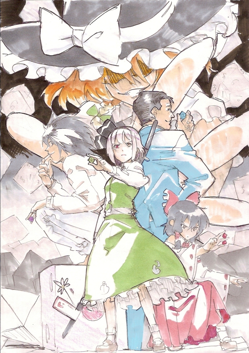 2boys bad_tag bags_under_eyes black_hair blue_suit bow call_of_cthulhu crossover death_note detached_sleeves dice finger_to_mouth formal_clothes frilled_bow frilled_hair_tubes frills green_skirt green_vest group_picture hair_bow hair_tubes hakurei_reimu heterochromia highres holding holding_dice holding_sword holding_weapon inogashira_gorou kirisame_marisa kodoku_no_gourmet konpaku_youmu l_(death_note) long_sleeves looking_ahead looking_at_viewer looking_to_the_side mtmy multiple_boys multiple_crossover polyhedral_dice red_skirt ribbon-trimmed_sleeves ribbon_trim shaded_face skirt skirt_set smile suit sword touhou vest weapon white_hair yukkuri_youmu_to_hontou_wa_kowai_cthulhu_shinwa