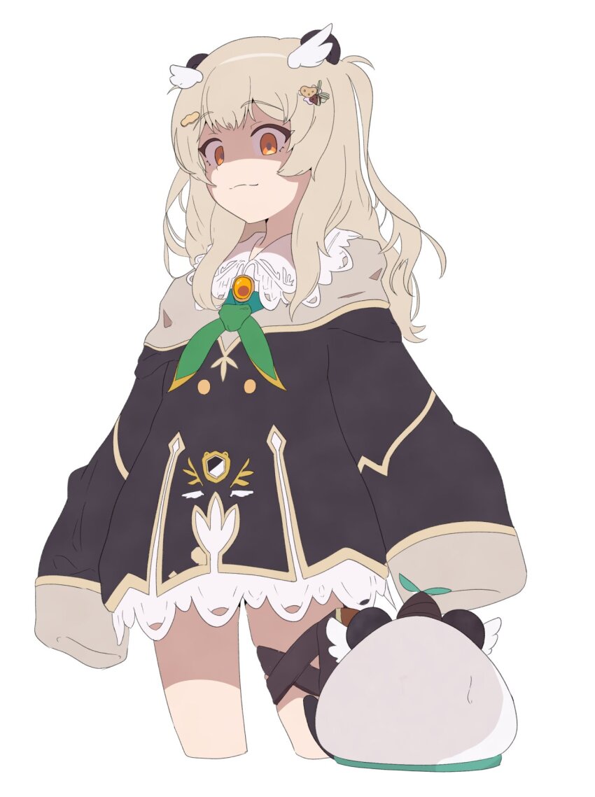 1girl amatsuna_sasaha animal_ears black_dress blonde_hair bow bowtie catnamenothing closed_mouth commentary_request cowboy_shot dress green_bow green_bowtie highres holster long_hair long_sleeves looking_at_viewer nanashi_inc. orange_eyes panda_ears panda_girl shaded_face simple_background sleeves_past_fingers sleeves_past_wrists smile solo thigh_holster virtual_youtuber white_background