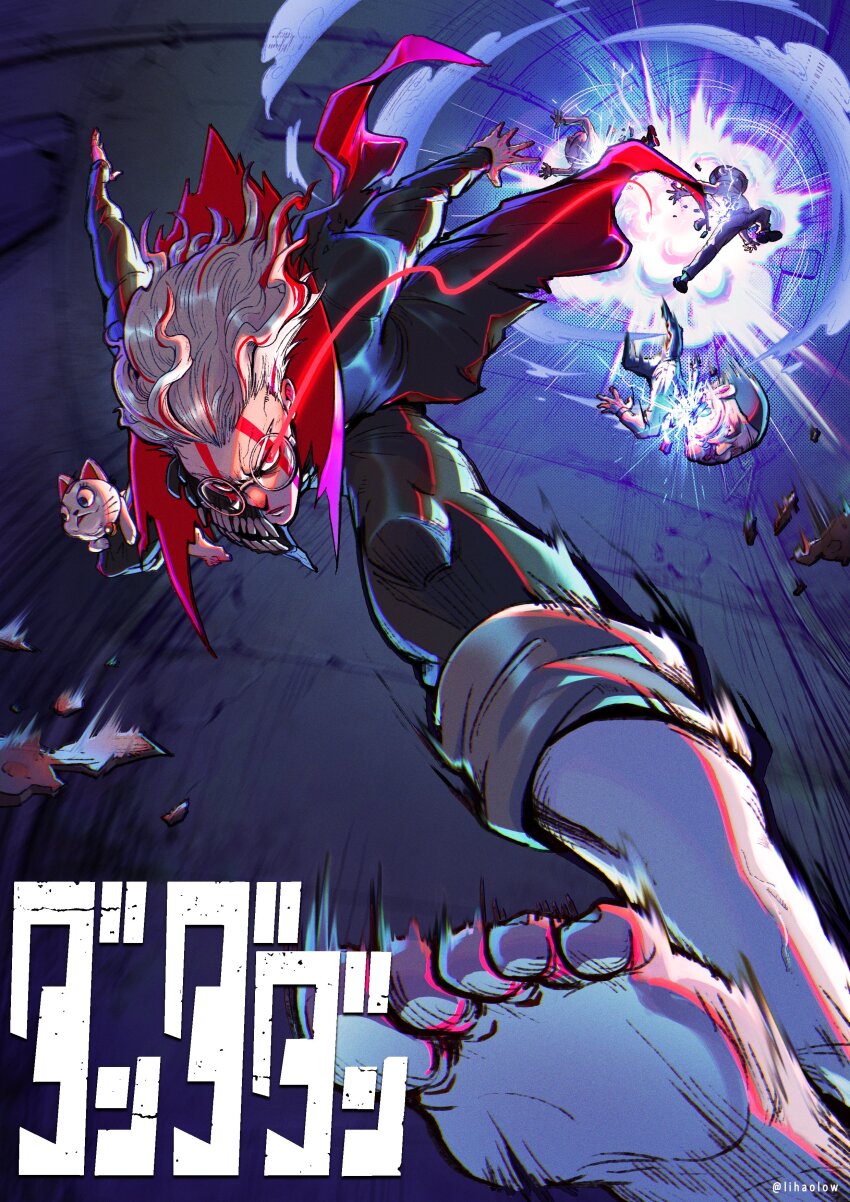 4boys absurdres alien alternate_form animal_ears barefoot black_hair black_jacket black_pants cat cat_ears commentary_request copyright_name dandadan dust_cloud dynamic_pose explosion facial_mark gakuran glasses glowing glowing_eyes highres jacket kicking lihaolow motion_lines multiple_boys pants red_eyes round_eyewear running school_uniform serious serpo_(dandadan) shirt speed_lines takakura_ken_(dandadan) takakura_ken_(transformed)_(dandadan) torn_clothes transformation turbo_granny_(dandadan) twitter_username white_hair white_shirt