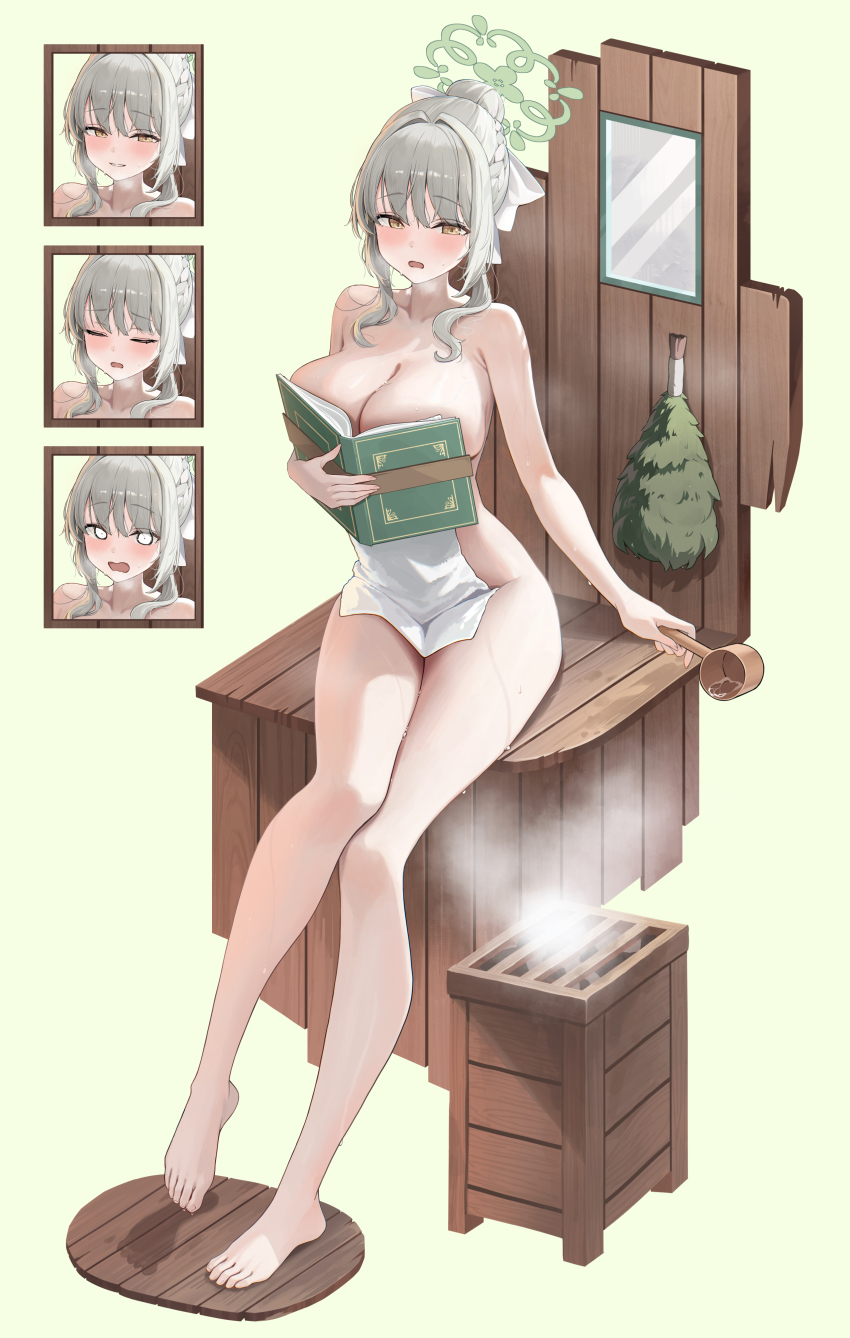 1girl absurdres barefoot blue_archive book breasts collarbone full_body green_background green_halo grey_hair halo highres holding holding_book large_breasts legs looking_at_viewer miyo_(blue_archive) naked_towel refla sauna sidelocks simple_background solo steam toes towel yellow_eyes