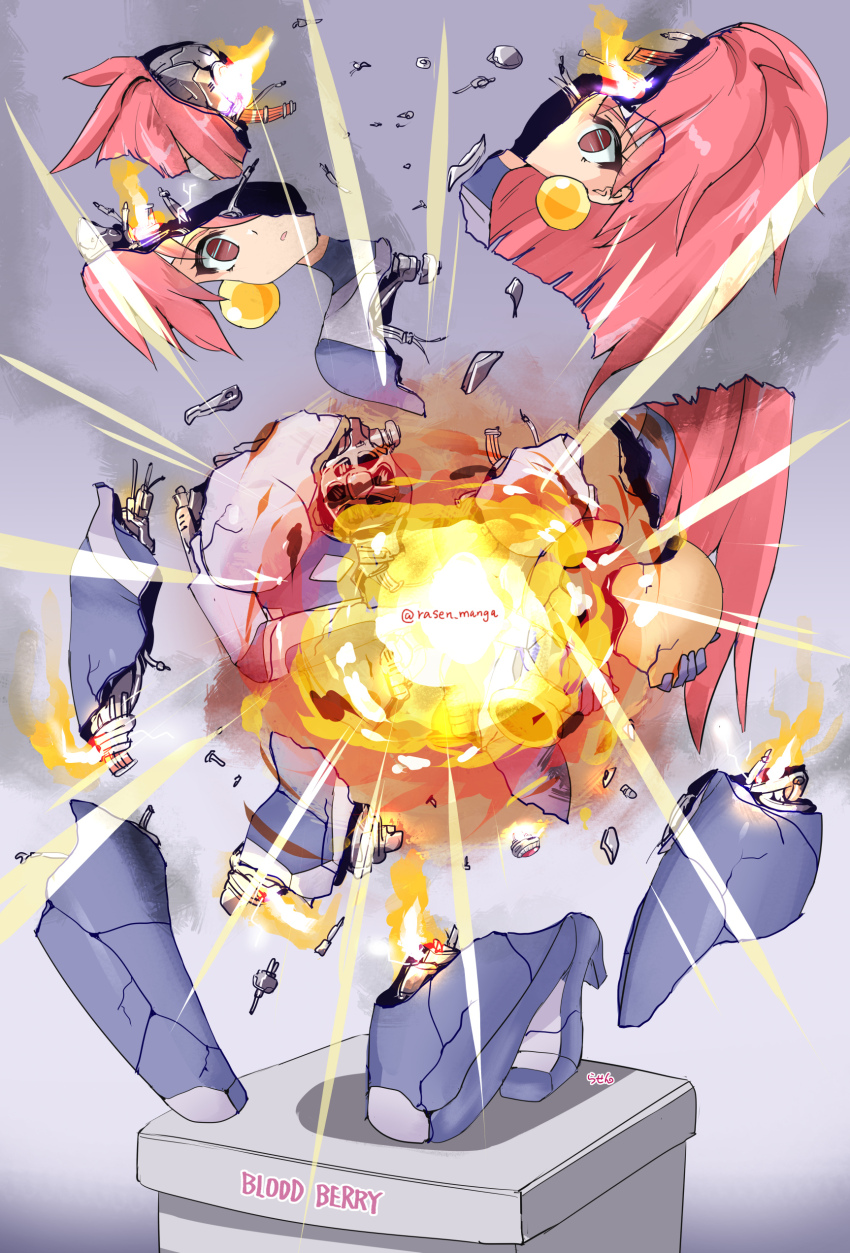 1girl absurdres android bloodberry brown_eyes character_name earrings explosion gradient_background grey_background headband highres jewelry kneeling mechabare navel pink_hair rasen_manga saber_marionette_j solo twitter_username