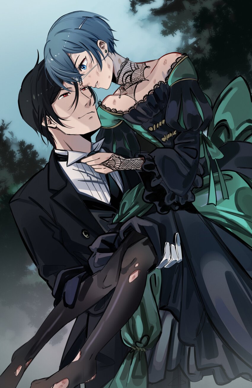 2boys absurdres black_hair black_suit blue_eyes blue_hair butler ciel_phantomhive closed_mouth crossdressing dress earrings eyepatch formal_clothes gloves hair_between_eyes highres jewelry kuroshitsuji long_sleeves male_focus multiple_boys sebastian_michaelis shirt short_hair suit uneasywolf victorian