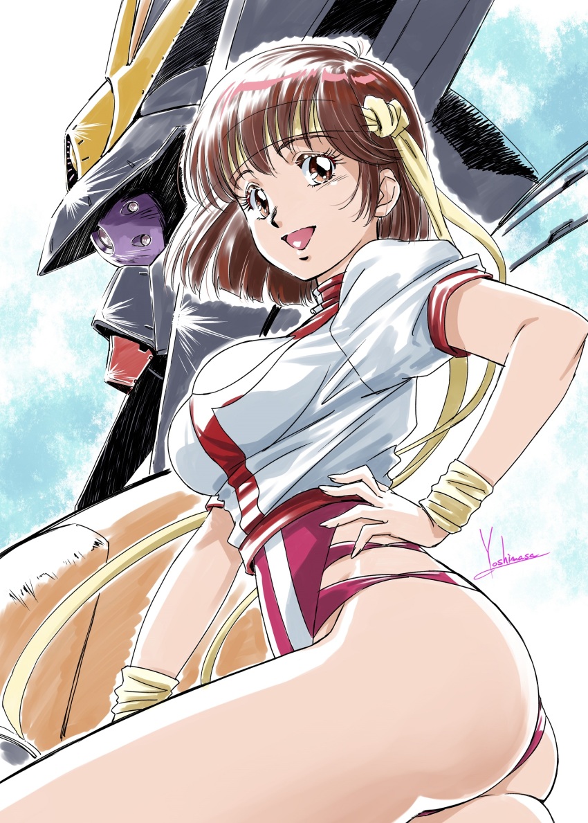 1girl absurdres artist_name ass breasts brown_eyes brown_hair commentary_request fingernails from_side gunbuster hand_on_own_hip headband highleg highleg_leotard highres leotard looking_at_viewer mecha medium_breasts medium_hair open_mouth robot short_sleeves signature simple_background smile super_robot takaya_noriko thighs top_wo_nerae! top_wo_nerae!_(series) wristband yoshinaga_masahiro