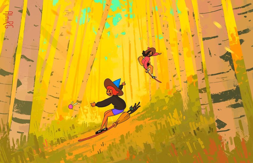 2girls almirgusic artist_name black_cat black_hair branch broom broom_riding cat chasing day flying forest grass hat light_rays multiple_girls nature open_mouth orange_hair original outdoors plant scenery shorts signature smile sunbeam sunlight sweater tree wide_shot witch witch_hat