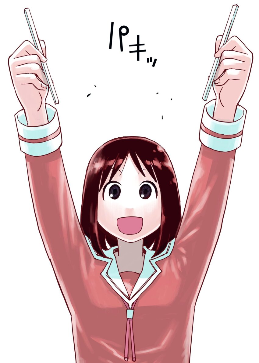 1girl arms_up azumanga_daioh&#039;s_school_uniform azumanga_daiou black_eyes brown_hair chopsticks commentary_request highres holding holding_chopsticks kasuga_ayumu manabu_yashiro medium_hair open_mouth school_uniform smile solo upper_body