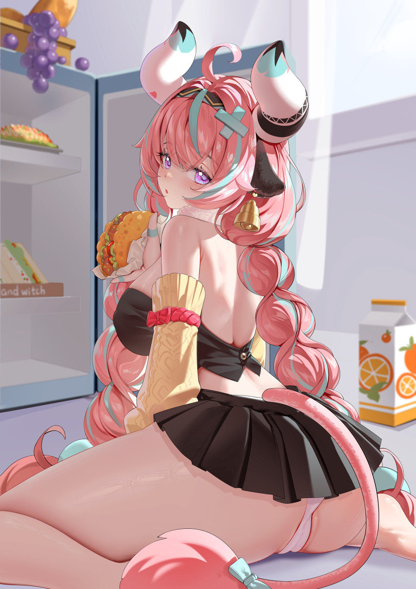 1girl absurdres ahoge animal_ears ass bare_shoulders bell black_skirt black_tube_top blush braid commentary_request cow_ears cow_girl cow_horns cowbell cross_hair_ornament detached_sleeves food food_packaging from_behind fruit genshin_impact grapes hair_ornament highres horns juice_box kururu_(qqqqq59508750) looking_at_viewer low_twin_braids panties pink_hair pink_tail pleated_skirt refrigerator refrigerator_interior skirt solo strapless taco thighs tube_top twin_braids underwear varesa_(genshin_impact) white_horns white_panties yellow_sleeves