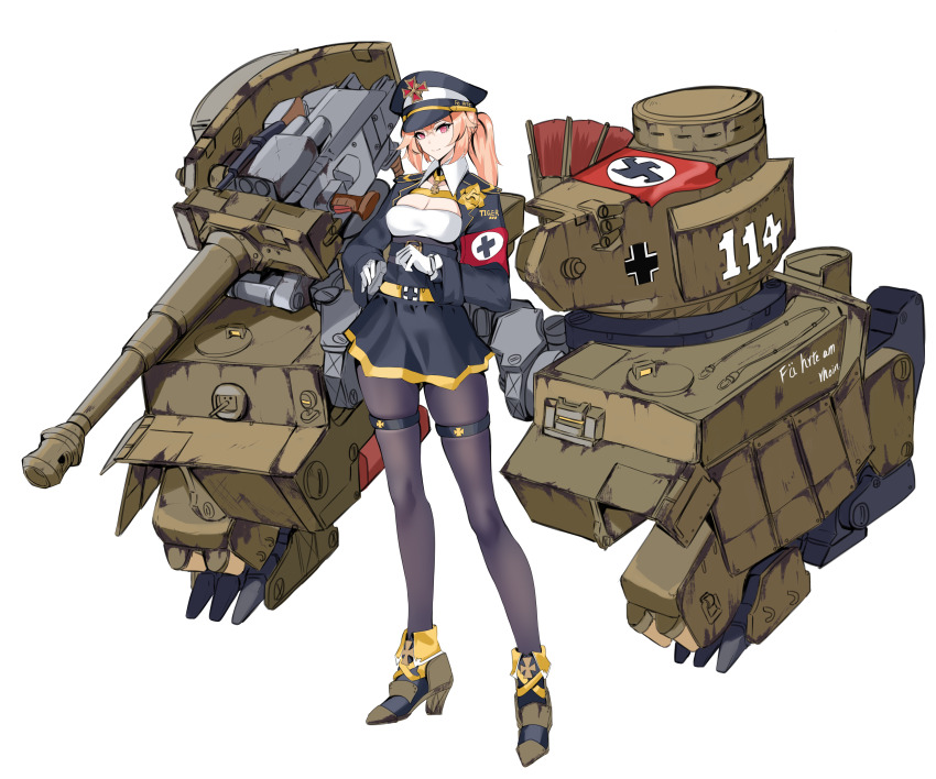 1girl absurdres asin balkenkreuz black_jacket black_skirt breast_cutout cannon collared_jacket collared_shirt cross cross_patty hat high_heels highres iron_cross jacket mecha_musume military military_vehicle motor_vehicle multicolored_footwear pantyhose peaked_cap personification rigging shirt shoes skirt swastika tank thighband_pantyhose tiger_i tiger_i_(personification) war_thunder yellow_shoes
