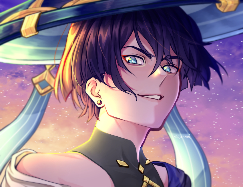 1boy black_hair blue_eyes blue_hat commentary cyennik earrings english_commentary genshin_impact hat highres jewelry male_focus portrait scaramouche_(genshin_impact) sky sleeveless sleeveless_turtleneck smile solo star_(sky) starry_sky stud_earrings turtleneck twitter_username wanderer_(genshin_impact)