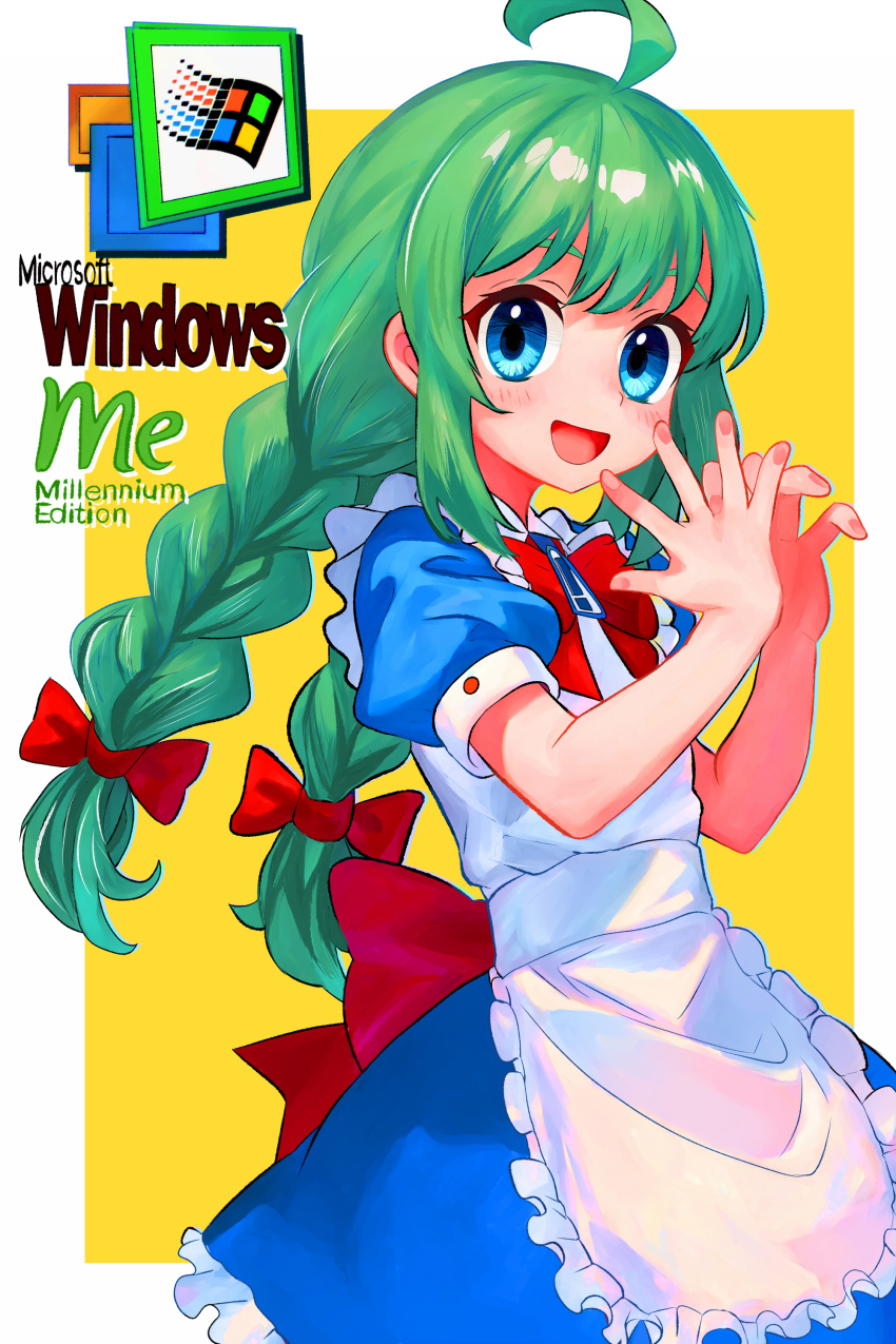 1girl :d absurdres ahoge alternate_eye_color apron blue_dress blue_eyes blush bow bowtie braid commentary_request dress english_text flat_chest frills green_hair hair_bow highres looking_at_viewer maid_apron me-tan microsoft_windows open_mouth os-tan personification red_bow red_bowtie smile solo standing tsukiyono_aroe twin_braids windows_classic windows_me