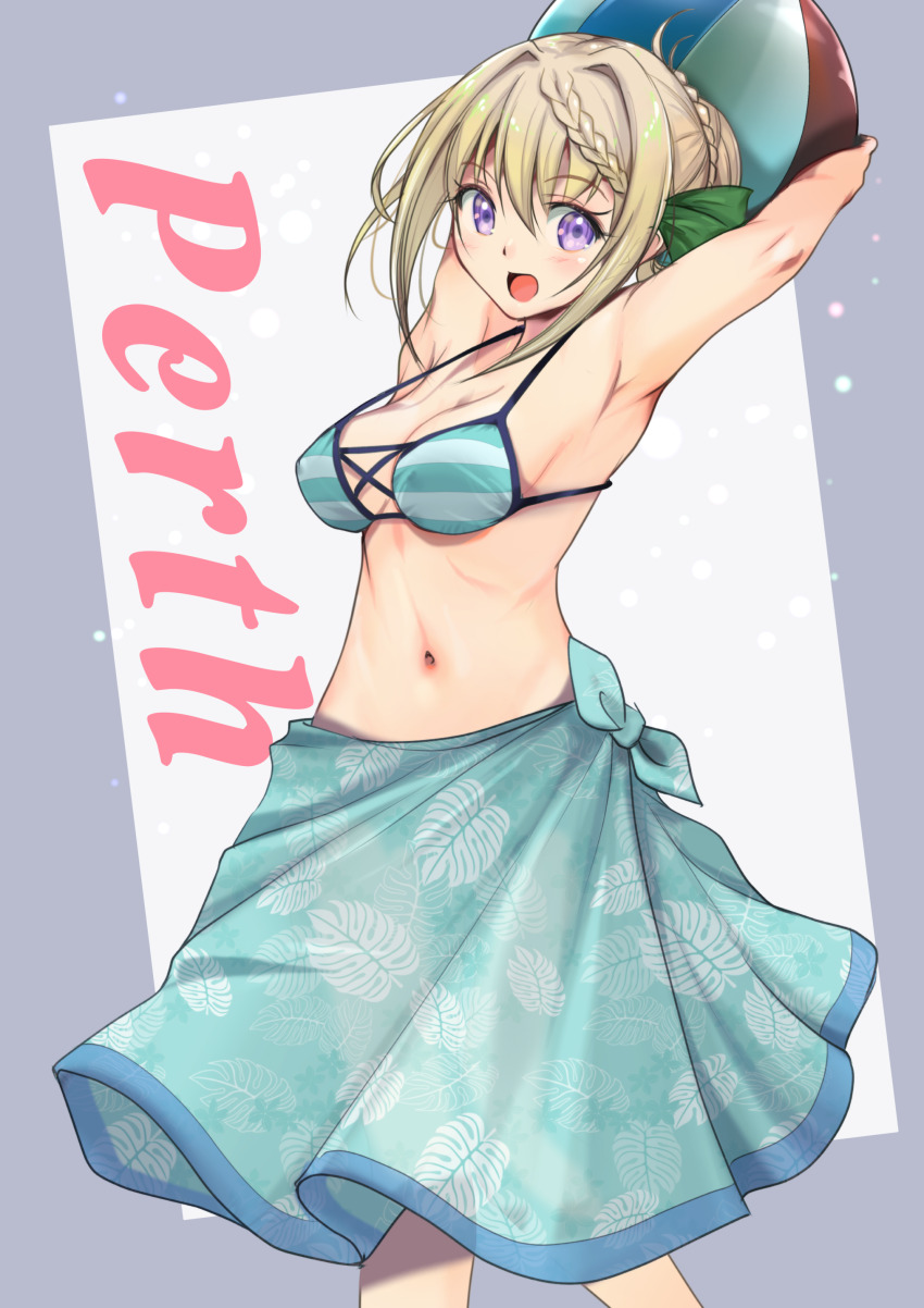 1girl absurdres armpits arms_up ball beachball bikini blonde_hair blue_sarong braid braided_bangs braided_bun breasts character_name cleavage commentary_request feet_out_of_frame green_ribbon hair_bun hair_ribbon highres kantai_collection leaf_print long_hair medium_breasts official_alternate_costume perth_(kancolle) perth_(swimsuit)_(kancolle) purple_eyes ribbon sarong sidelocks solo striped_bikini striped_clothes swimsuit yashin_(yasinz)