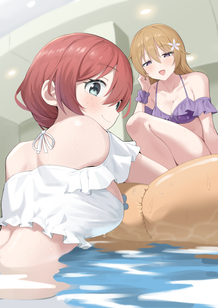 2girls absurdres bare_shoulders bikini breasts brown_hair cleavage commentary emma_verde frilled_bikini frilled_bikini_top frills green_eyes hair_ornament highres konoe_kanata large_breasts long_hair looking_at_viewer love_live! love_live!_nijigasaki_high_school_idol_club love_live!_nijigasaki_high_school_idol_club_the_movie_-_finale median_furrow multiple_girls official_alternate_costume open_mouth poolside purple_eyes red_hair smile swimsuit upper_body wet white_bikini yuu_(shampoohatslime)