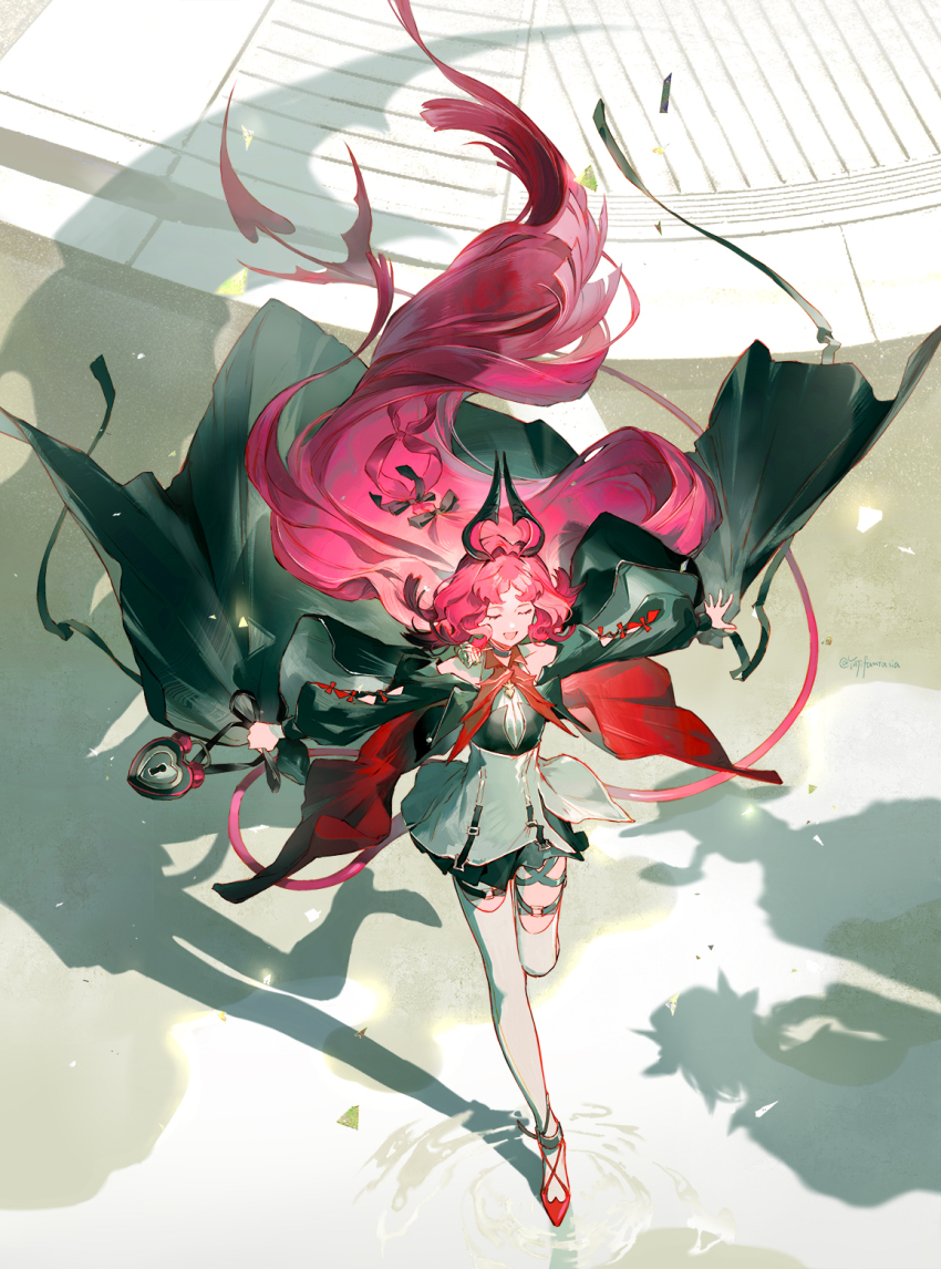 1girl arknights arm_cutout closed_eyes clothing_cutout full_body hair_flowing_over heart heart-shaped_hair highres jewelry key keyhole lock locket long_hair nymph_(arknights) outstretched_arms pendant pink_tail pointy_ears red_hair solo spinning_top standing standing_on_one_leg thigh_cutout walking yuji_(fantasia)