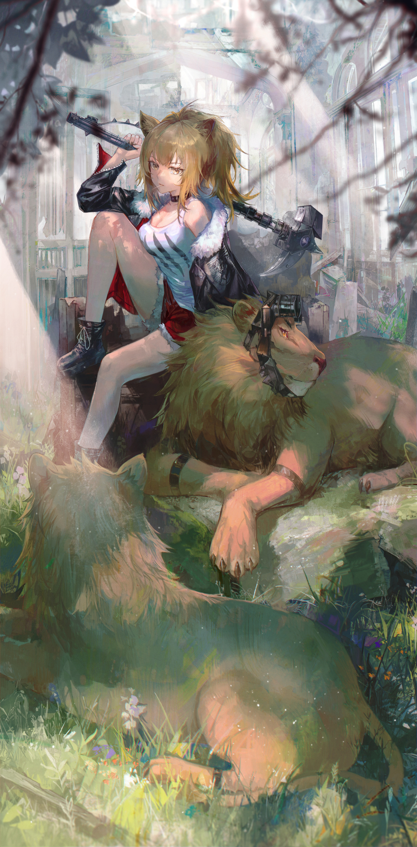 1girl absurdres animal animal_ears ankle_boots arknights bare_legs bare_shoulders black_boots black_pantyhose boots breasts brown_eyes brown_hair candy cleavage cutoffs day daylightallure food hammer highres holding holding_hammer holding_weapon jacket large_breasts light_rays lion lion_ears lollipop long_hair long_sleeves looking_at_viewer mouth_hold off_shoulder open_clothes open_jacket outdoors pantyhose ponytail red_shorts ruins shirt short_shorts shorts siege_(arknights) solo sunbeam sunlight tank_top weapon white_shirt