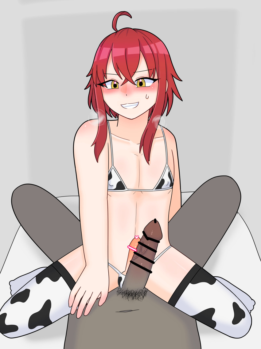 2boys absurdres animal_print bikini blush boy_on_top cow_print cow_print_bikini dark-skinned_male dark_skin grimms_notes grin hahn_(grimms_notes) highres indoors male_focus multiple_boys on_bed print_bikini red_hair silver_sor smile swimsuit teeth trap yaoi yellow_eyes