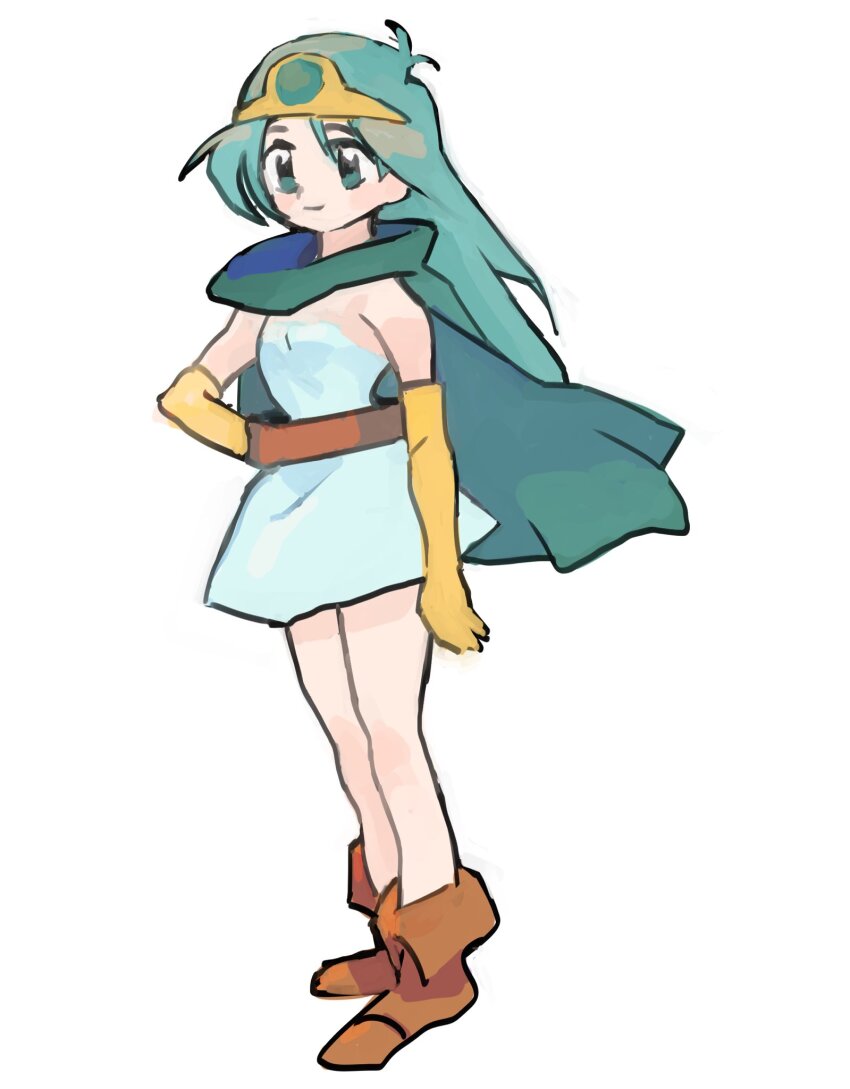 1girl ankle_boots antenna_hair aqua_cape belt blue_eyes blue_hair boots brown_belt brown_boots cape circlet closed_mouth dragon_quest dragon_quest_iii dress elbow_gloves fold-over_boots gan2 gloves highres long_hair sage_(dq3) short_dress simple_background smile solo standing strapless strapless_dress white_background white_dress yellow_gloves