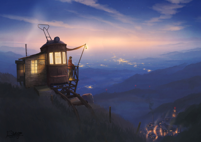 1boy blue_sky chimney city_lights cloud commentary_request factory highres lantern mountain orange_sky original pochi_(poti1990) railroad_tracks scenery sky smoke solo streetcar twilight window