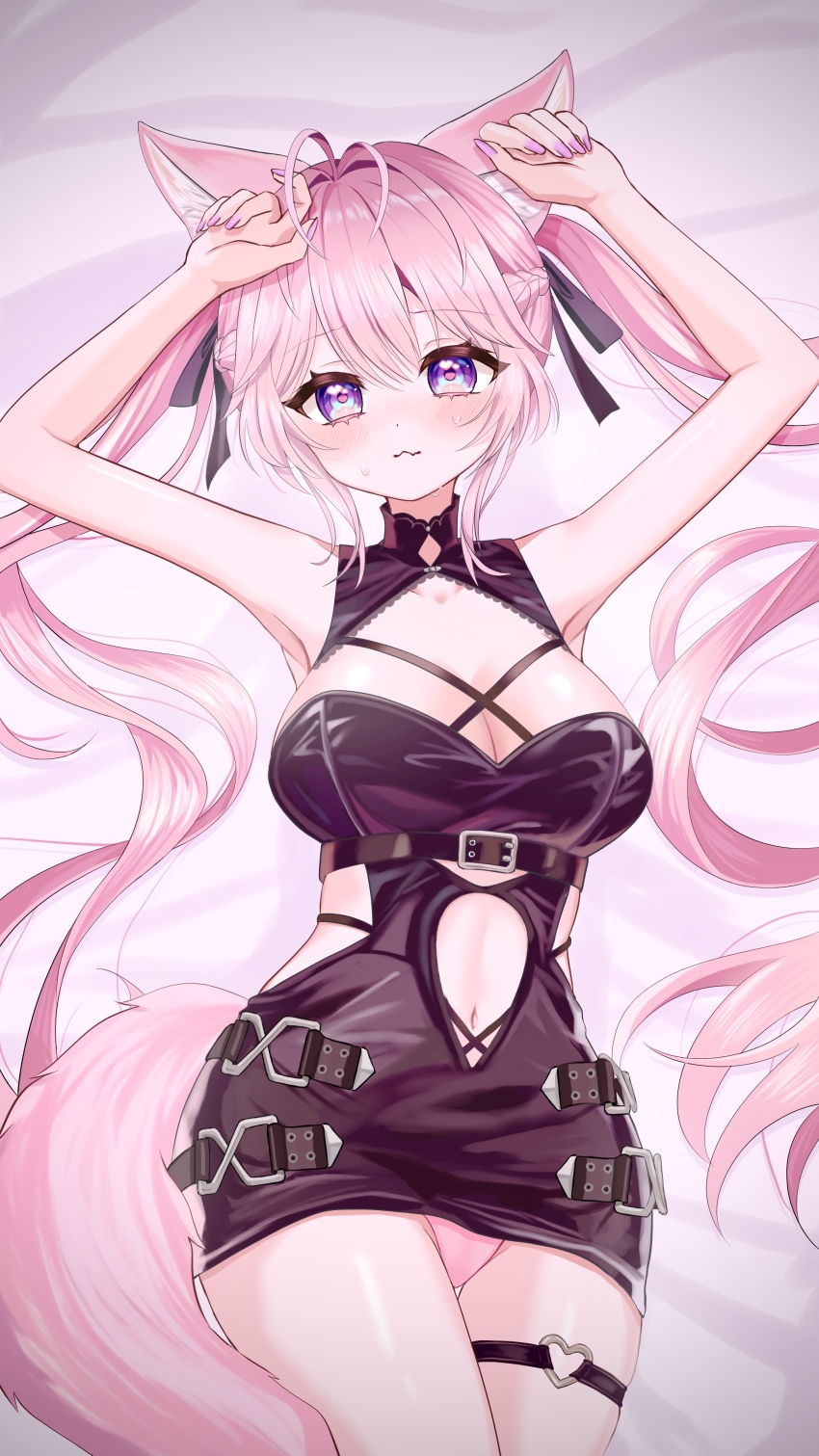 1girl absurdres animal_ears antenna_hair black_dress black_ribbon breasts chouchou_cream cleavage closed_mouth clothing_cutout dress hair_ribbon hakui_koyori hakui_koyori_(dark_maid) heart heart-shaped_pupils heart_o-ring highres hololive large_breasts long_hair lying nail_polish o-ring o-ring_thigh_strap official_alternate_costume on_back pink_hair pink_nails purple_eyes ribbon smile solo stomach_cutout symbol-shaped_pupils tail thigh_strap twintails very_long_hair virtual_youtuber wolf_ears wolf_girl wolf_tail